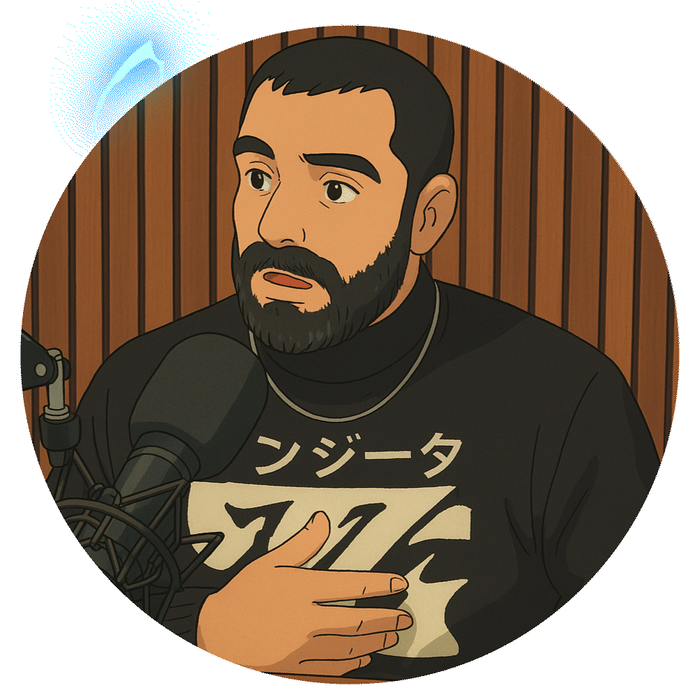 a cartoon of a man speaking into a microphone victor mignone powerup during podcast email signature