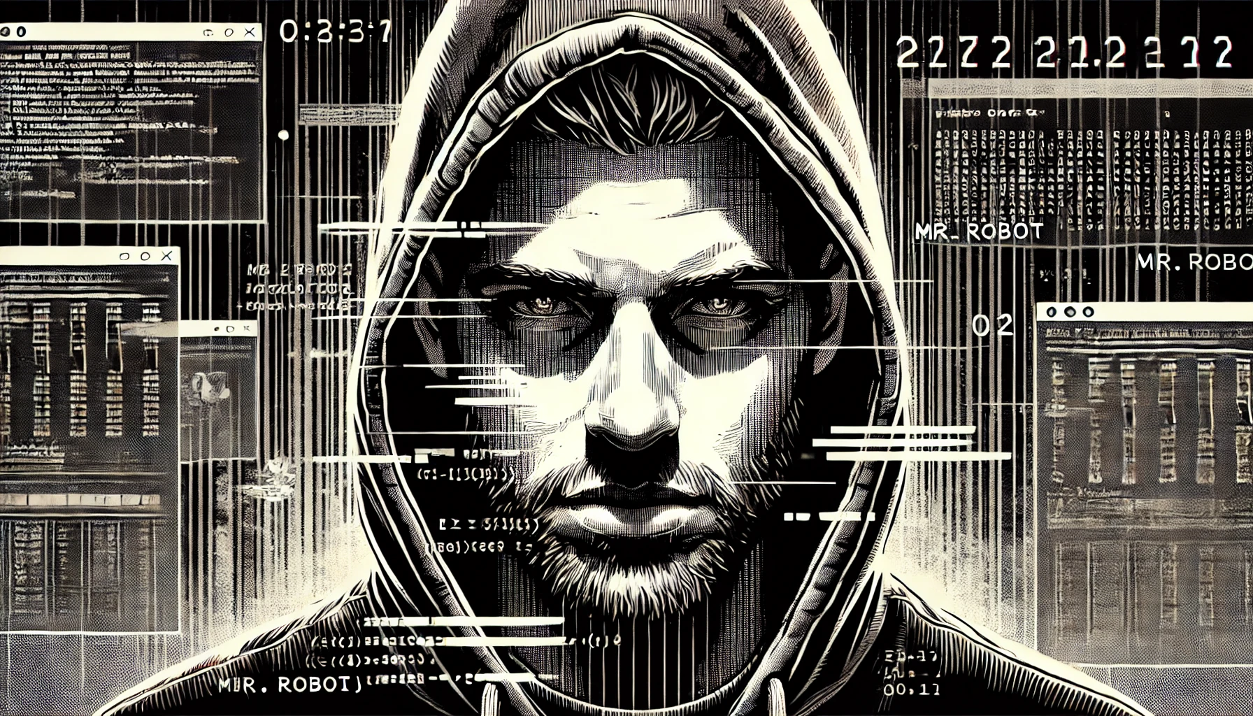 Hacker em ambiente digital sombrio.