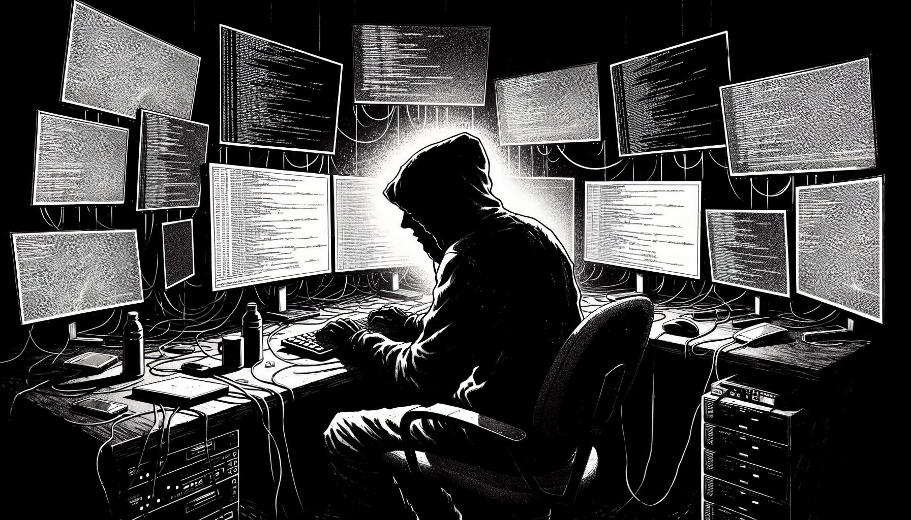 Hacker trabalhando em múltiplos monitores.