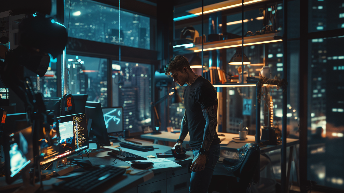 Homem em escritório moderno à noite.