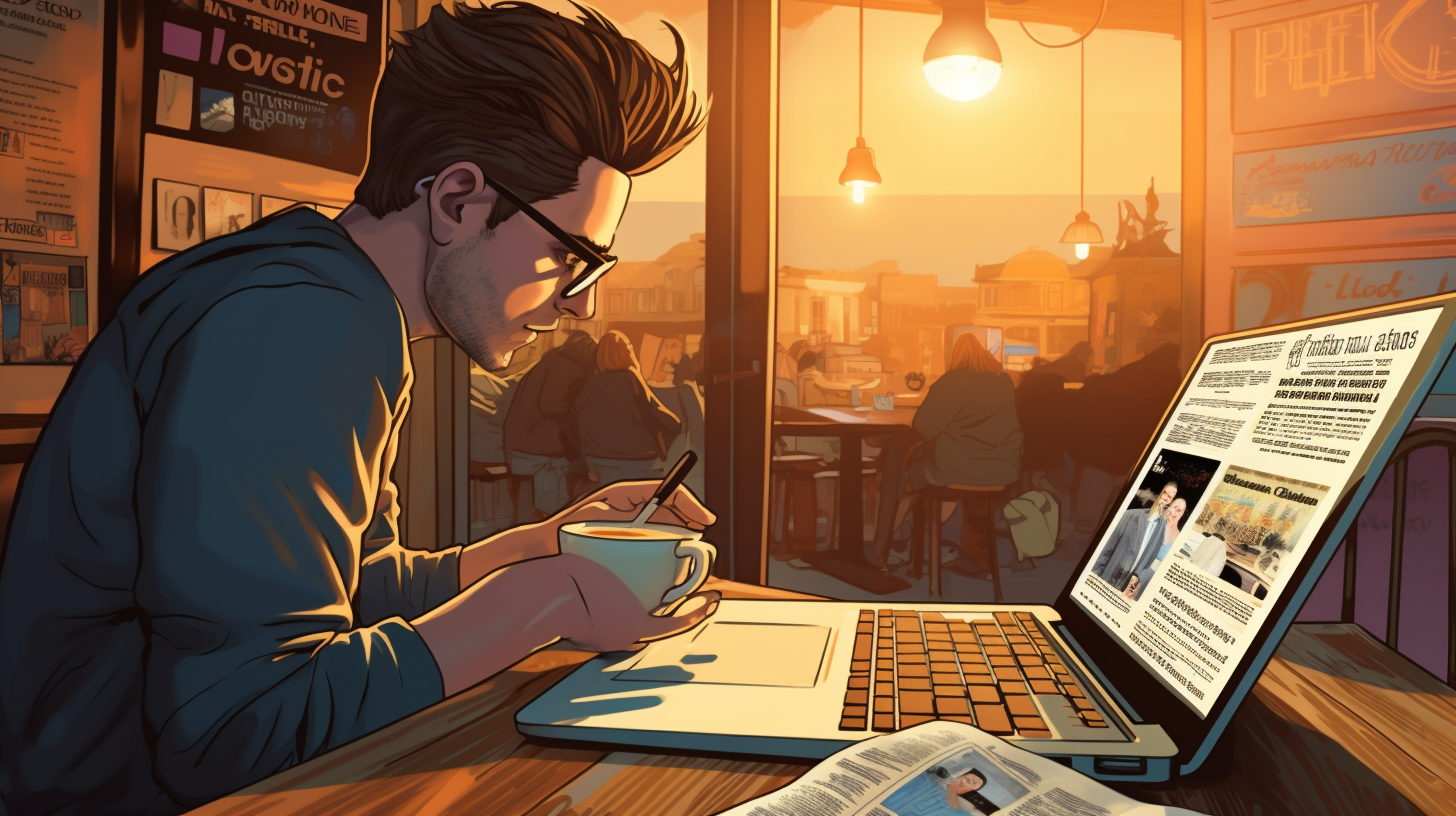 Homem lendo jornal em café.