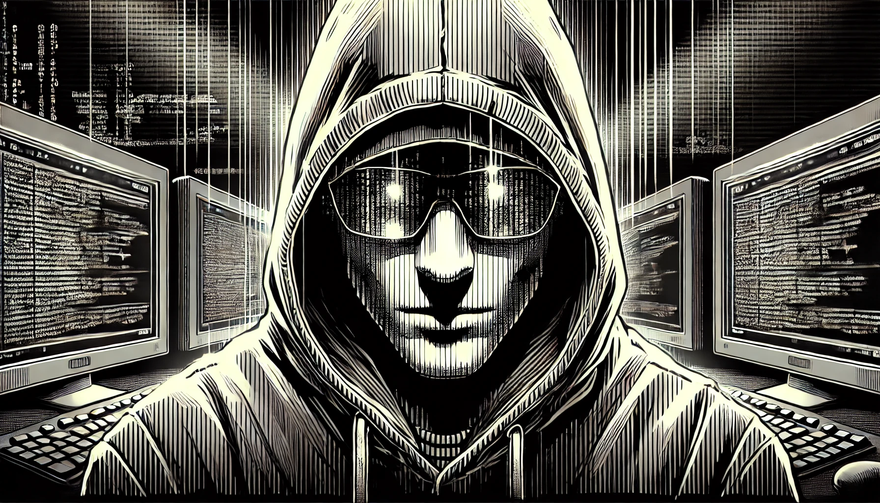Hacker em ambiente digital sombrio.
