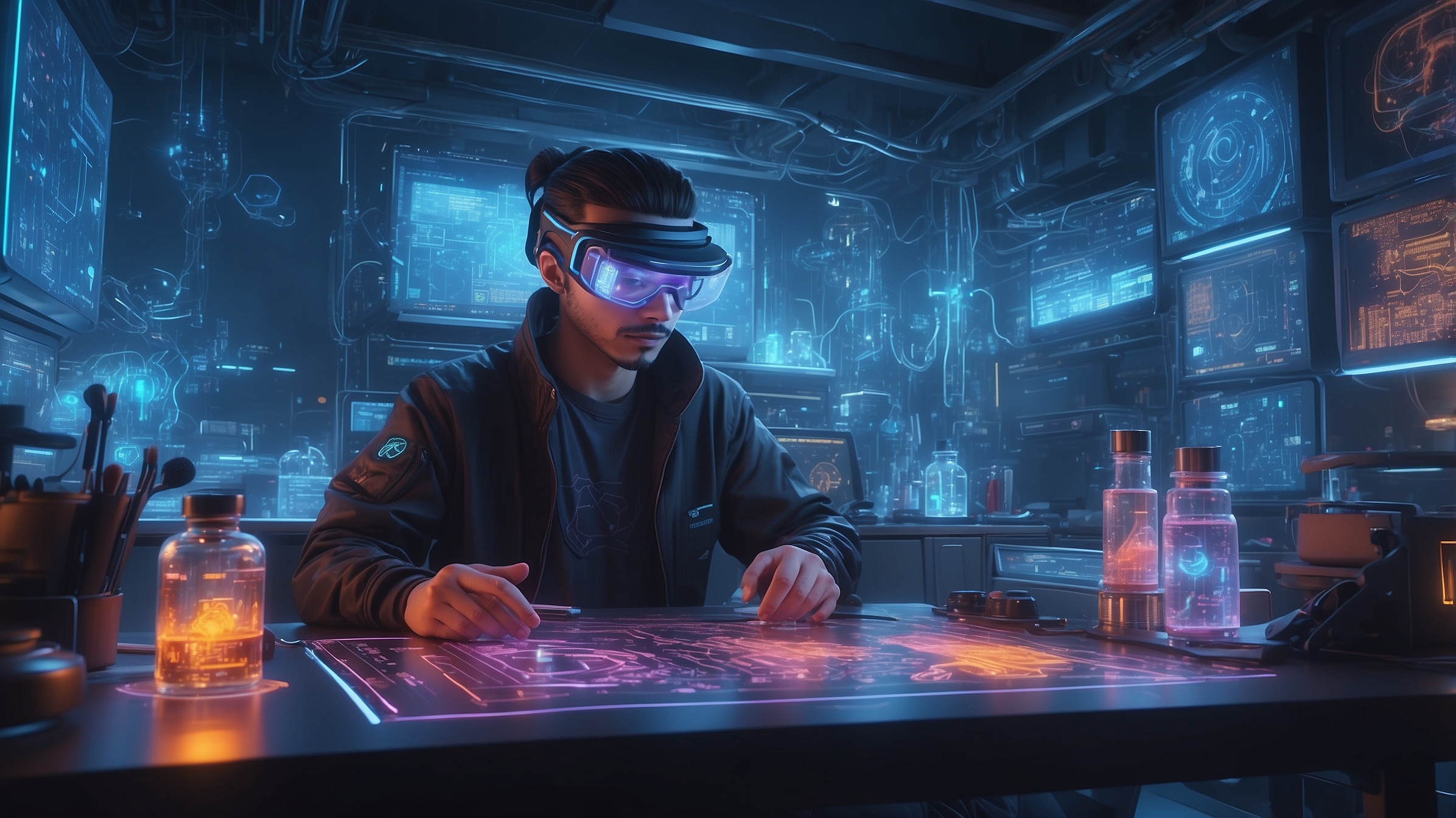 Cientista futurista em laboratório tecnológico.