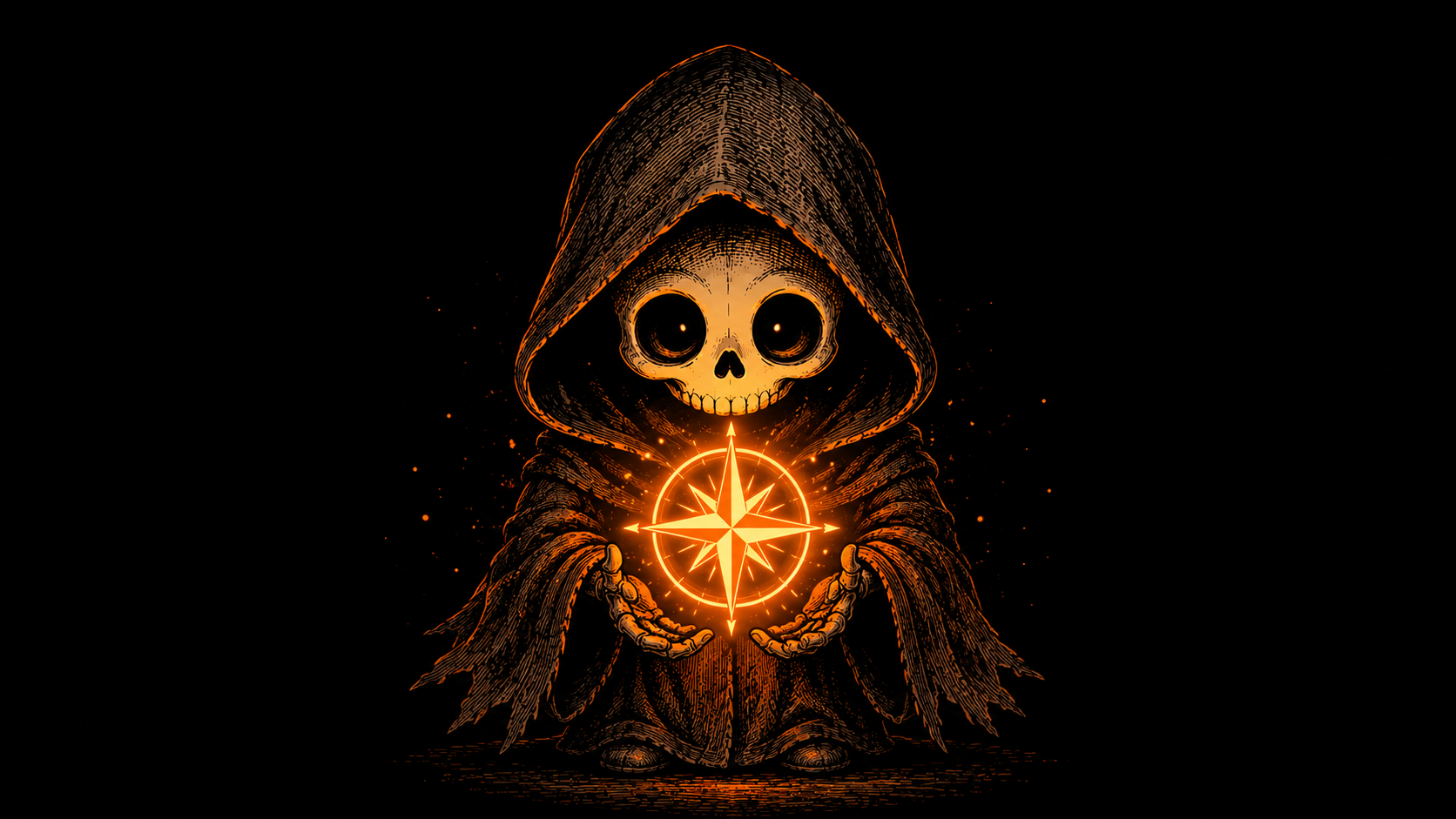 Ilustração minimalista em estilo xilogravura de um esqueleto encapuzado com olhos vazios, segurando um símbolo neon laranja brilhante que ilumina o ambiente contra um fundo preto profundo.