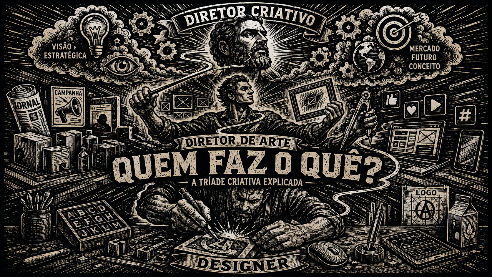 Ilustração em estilo xilogravura preto e branco, com alto contraste e textura rústica, representando a hierarquia criativa entre Diretor Criativo, Diretor de Arte e Designer. Na parte superior, um homem imponente simboliza o Diretor Criativo, cercado por engrenagens, símbolos estratégicos e elementos conceituais ligados à visão e mercado. No centro, o Diretor de Arte aparece como um maestro visual segurando ferramentas de composição e direção, organizando layouts e elementos gráficos. Na parte inferior, um Designer musculoso trabalha intensamente sobre uma mesa repleta de ferramentas de criação, esculpindo formas e logotipos com precisão artesanal. Uma linha contínua conecta os três personagens, simbolizando o fluxo da ideia até a execução. O fundo mistura ícones digitais, mídia impressa, tipografia e elementos gráficos em uma composição dramática e cinematográfica. O título central entalhado em letras robustas diz: “QUEM FAZ O QUÊ? — A Tríade Criativa Explicada”.