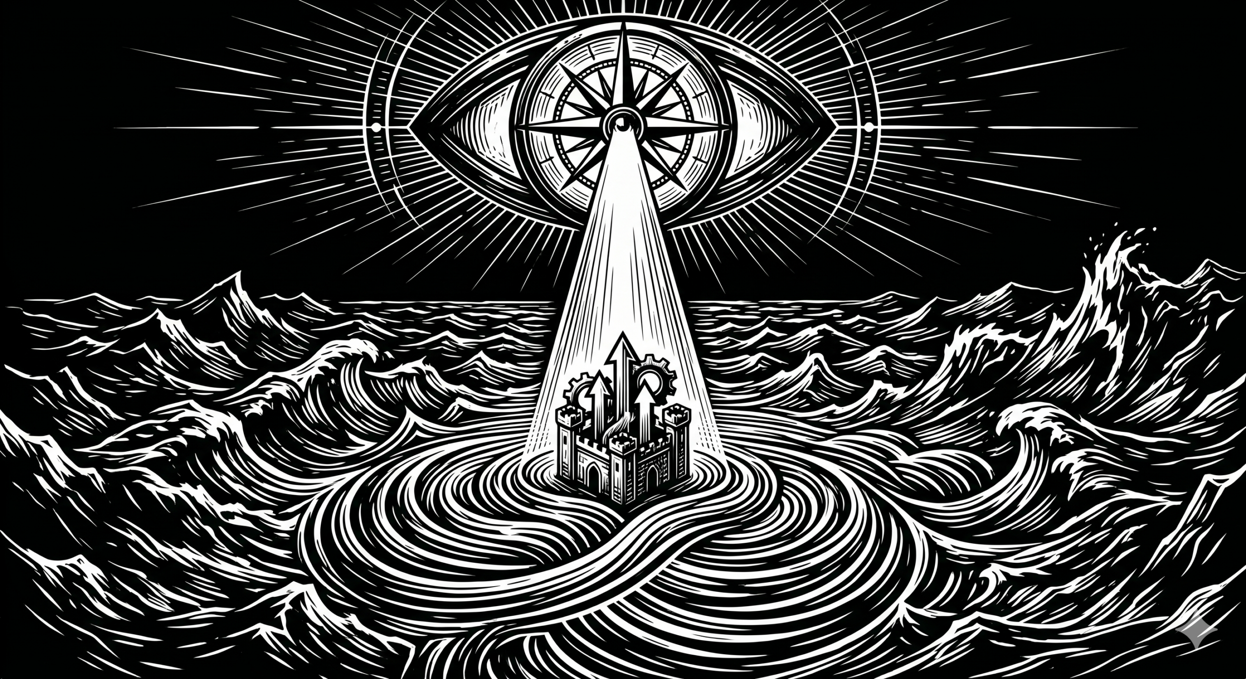 Ilustração em preto e branco de um olho com uma rosa dos ventos que projeta um feixe de luz sobre um castelo com setas e engrenagens, em meio a um oceano turbulento. Simboliza visão estratégica e direção criativa para o crescimento em ambientes desafiadores.